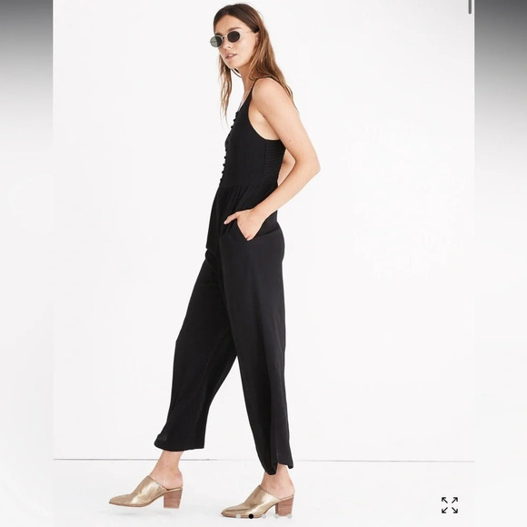 Madewell Smocked Button-Front Crop Jumpsuit size 2 color Black - Picture 2 of 11